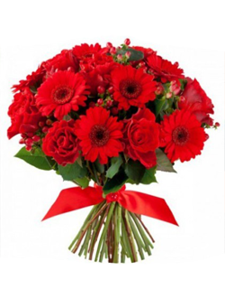 Розы с герберами Красный микс