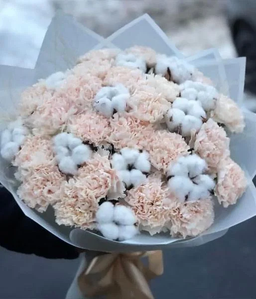 Букет из гвоздик и хлопка "Такая нежность"