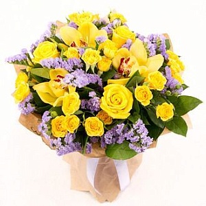 Фото Желтые розы и орхидеи в букете "Дана"