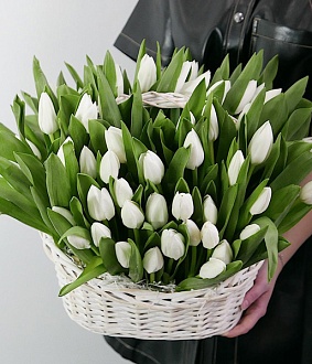 Фото Белые тюльпаны "Корзинка с облаками"