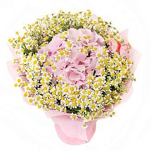 Букет "Полянка гортензий с ромашками"