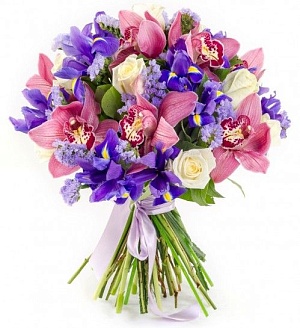 Ирисы с розами и орхидеями "Загадочный фламинго"